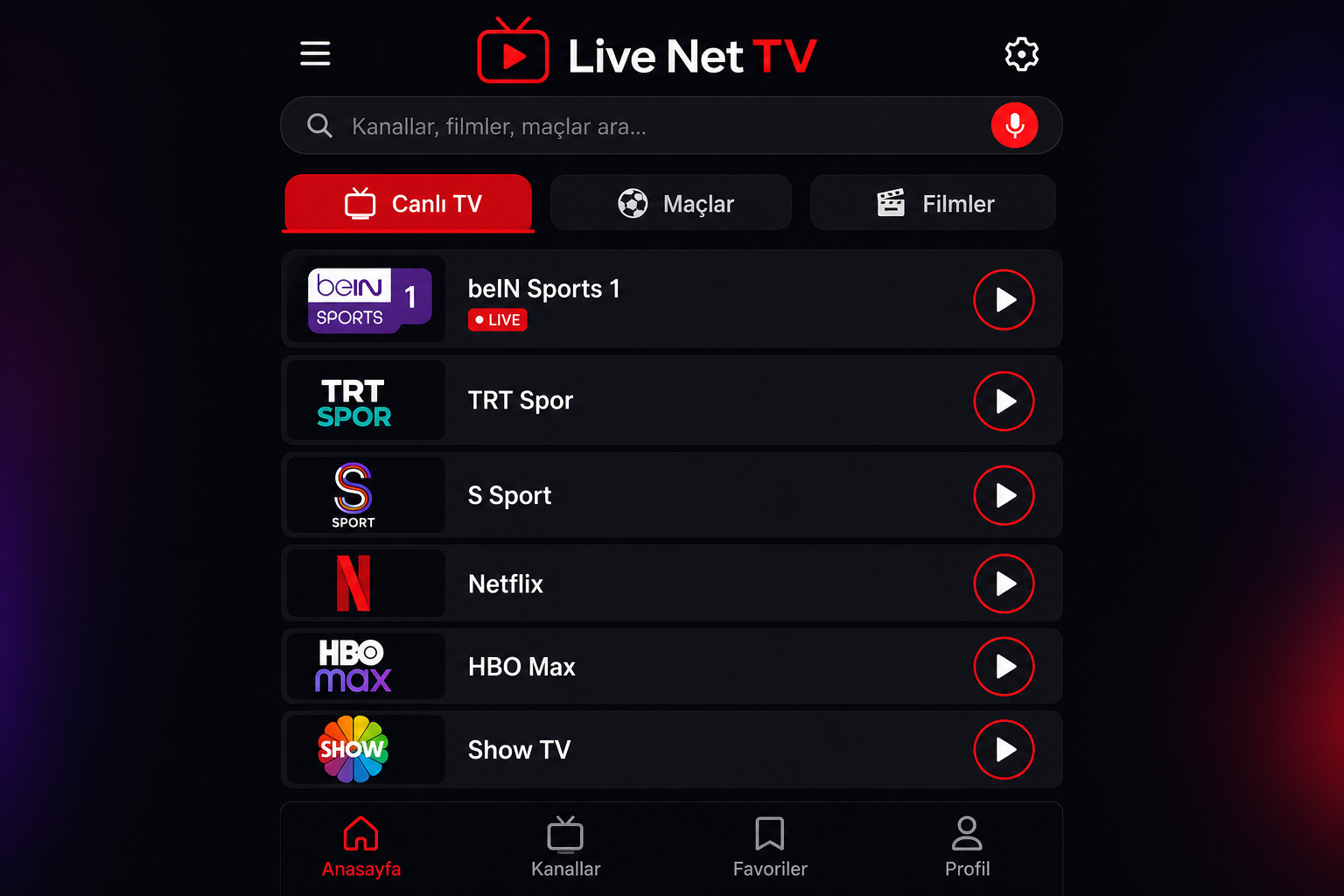 Live Net TV kanal listesi ekran görüntüsü