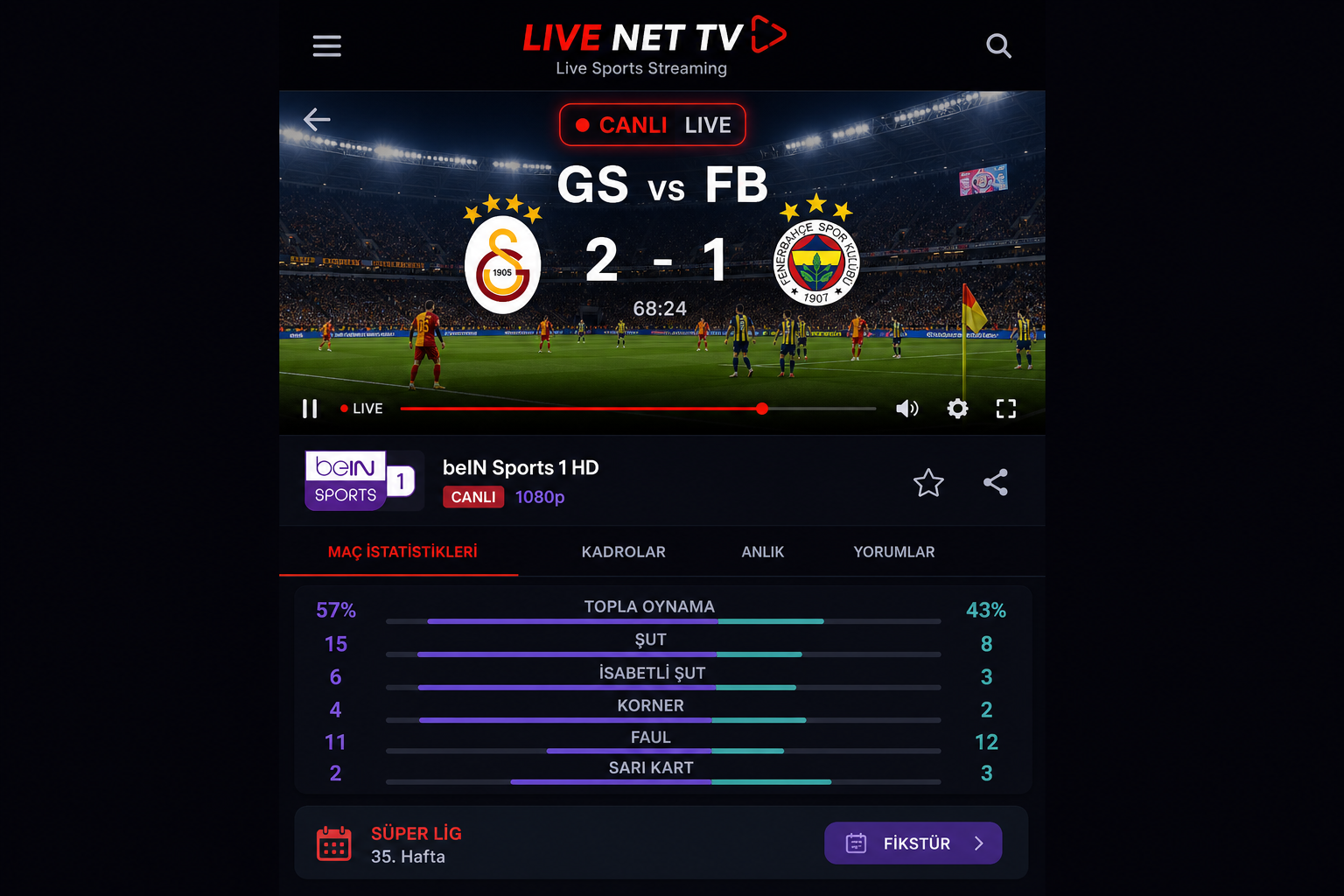 Live Net TV canlı maç yayını ekran görüntüsü